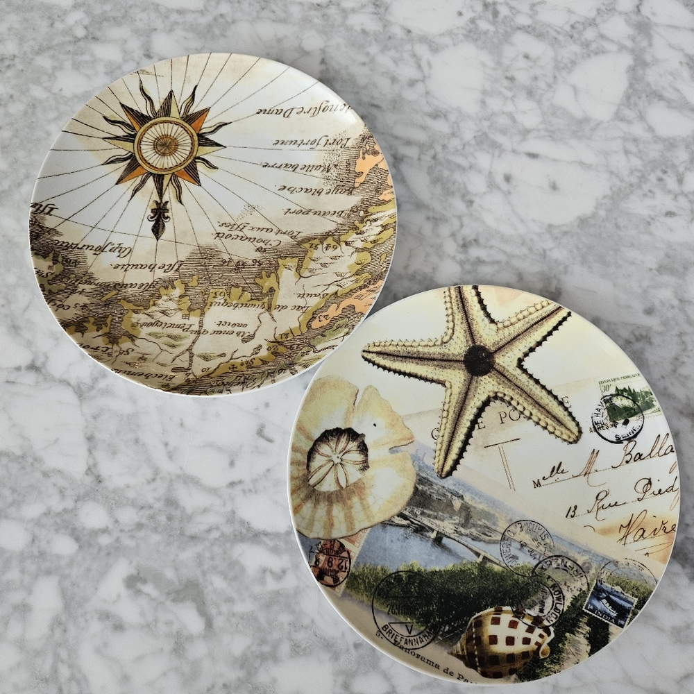 Pottery Barn Postcard Collection Salad Dessert Plates Coastal Map Set Of 2